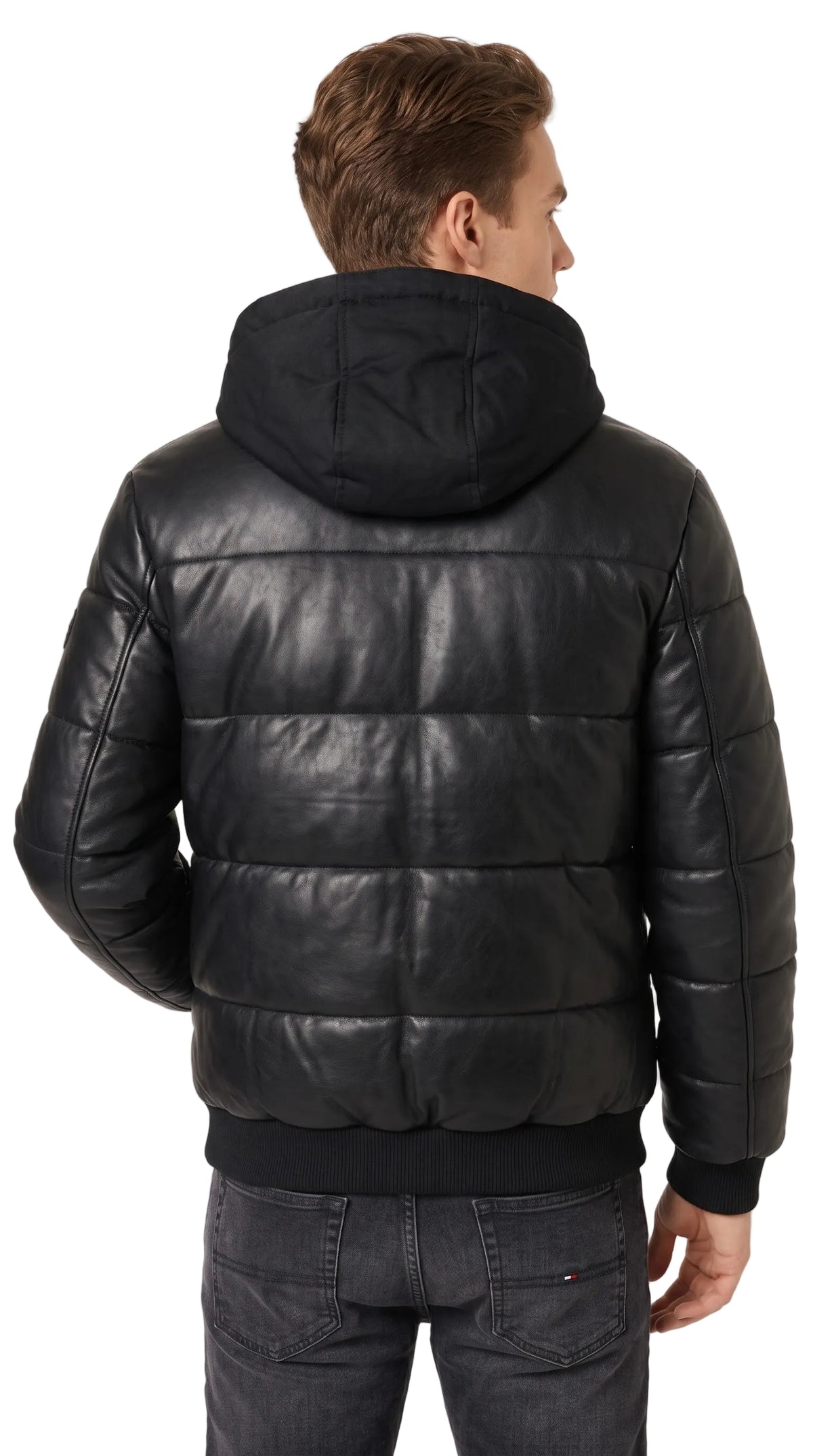 Tommy Hilfiger Midweight Quilted Faux Leather Bomber Black Puffer Jacket
