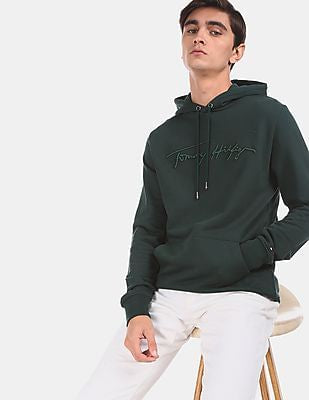 Tommy Hilfiger Men’s Green Hoodie with Embroidered Signature Logo