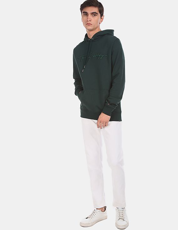 Tommy Hilfiger Men’s Green Hoodie with Embroidered Signature Logo