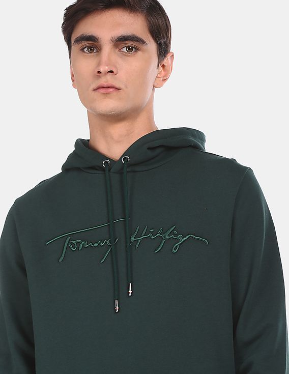 Tommy Hilfiger Men’s Green Hoodie with Embroidered Signature Logo
