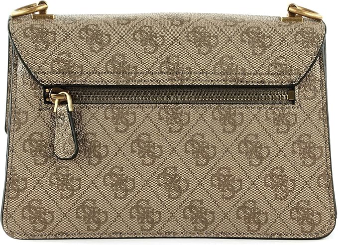 Guess Alexie Crossbody Flap bag in a brown monogram pattern with gold-tone hardware.