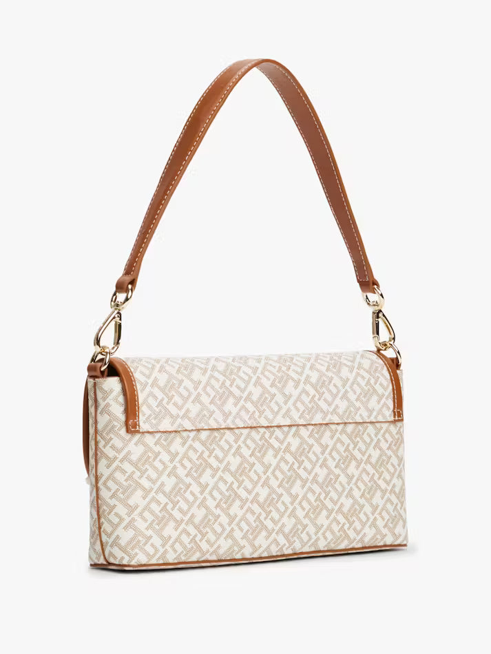 Tommy Hilfiger Women’s Beige Monogram Shoulder Bag – Tan Trim