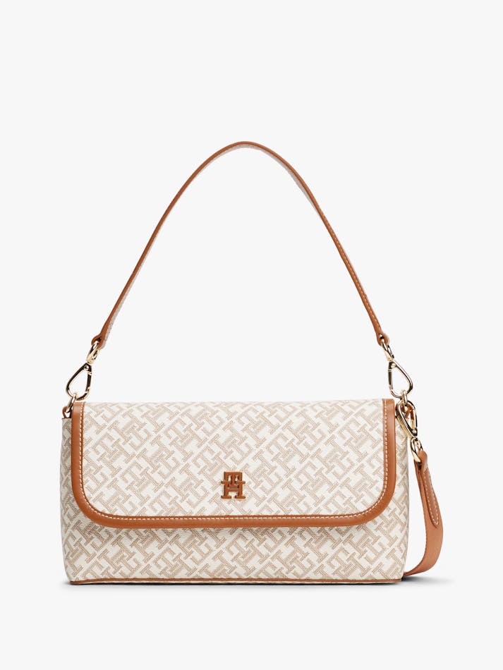 Tommy Hilfiger Women’s Beige Monogram Shoulder Bag – Tan Trim