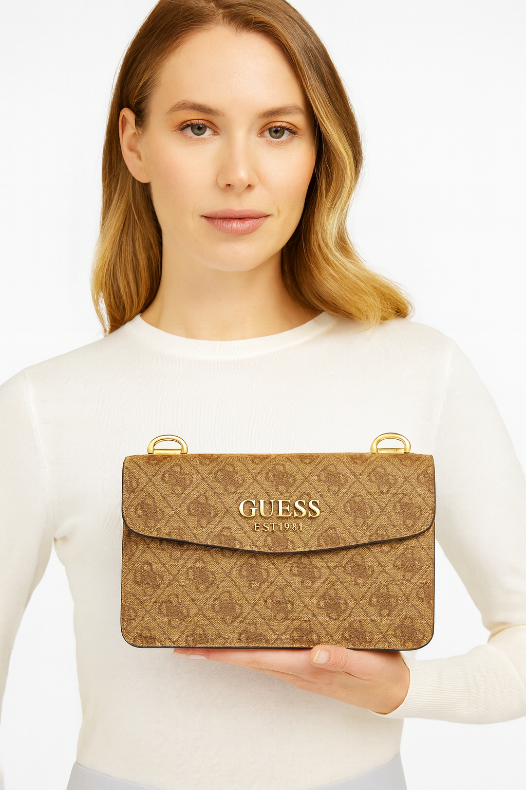 GUESS Women’s Monogram Crossbody Bag – Beige