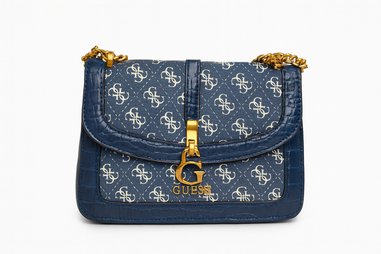 Guess Blue Monogram Crossbody Bag with Gold Chain