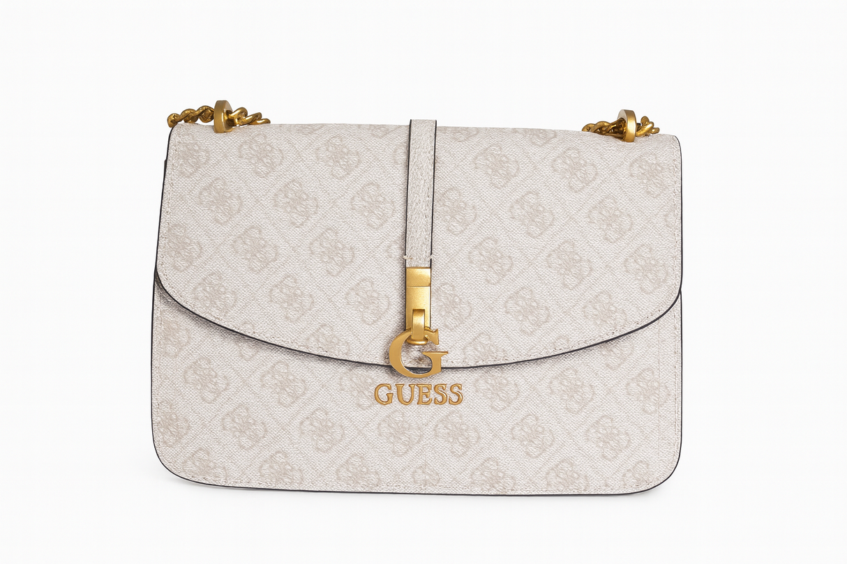 Guess Elegant White Monogram Crossbody Bag with Gold Chain