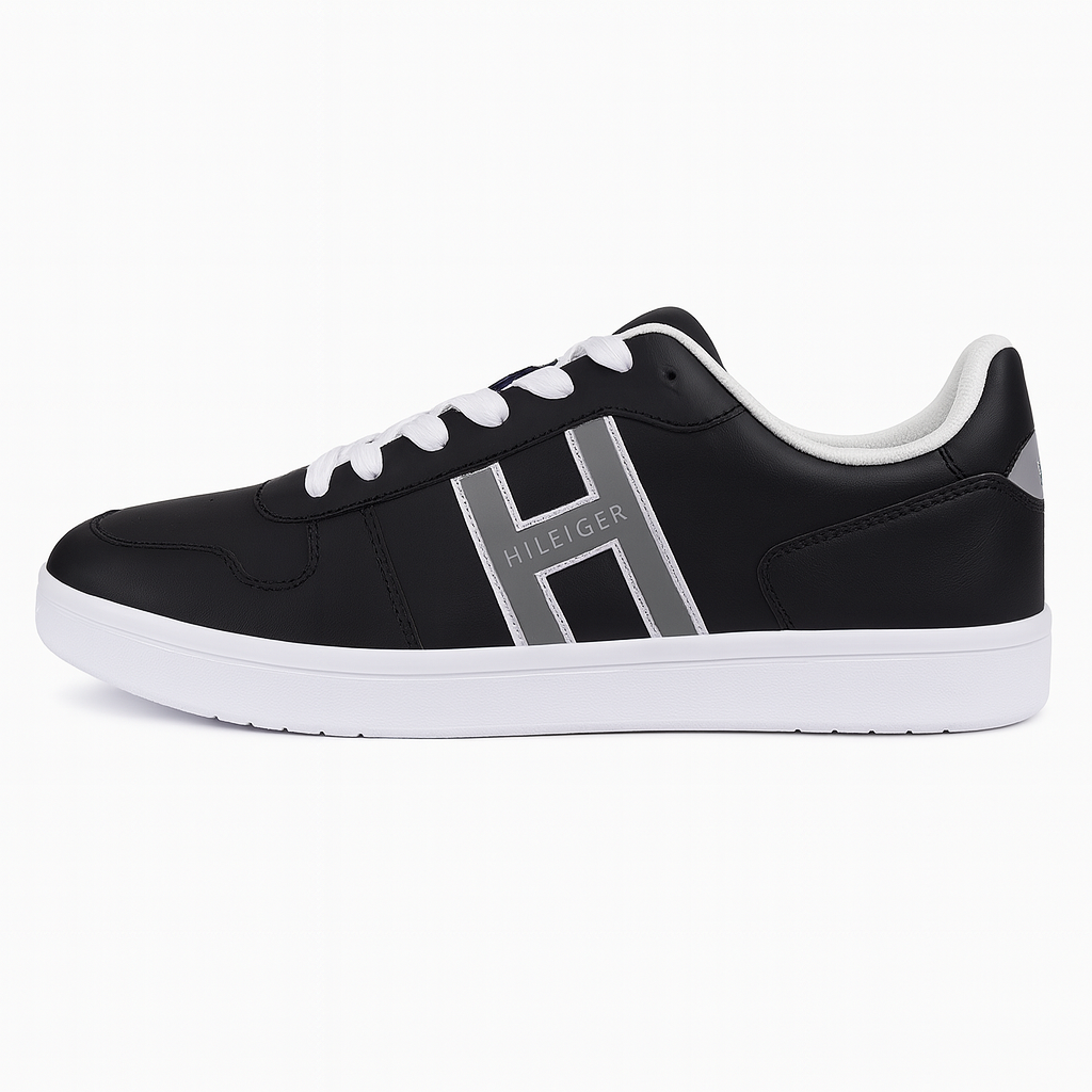 Tommy Hilfiger Men’s Black Leather Sneakers with Silver “H” Logo