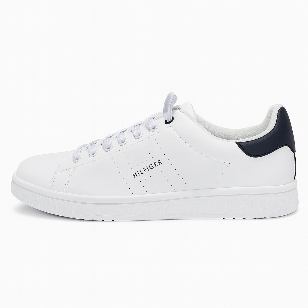 Tommy Hilfiger Men’s Minimalist White Leather Sneakers – Navy Heel Detail