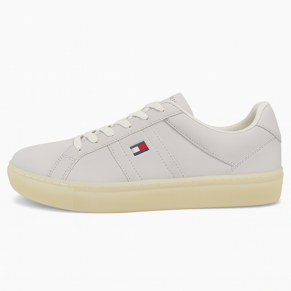 Tommy Hilfiger Men’s White Leather Sneakers with Beige Sole