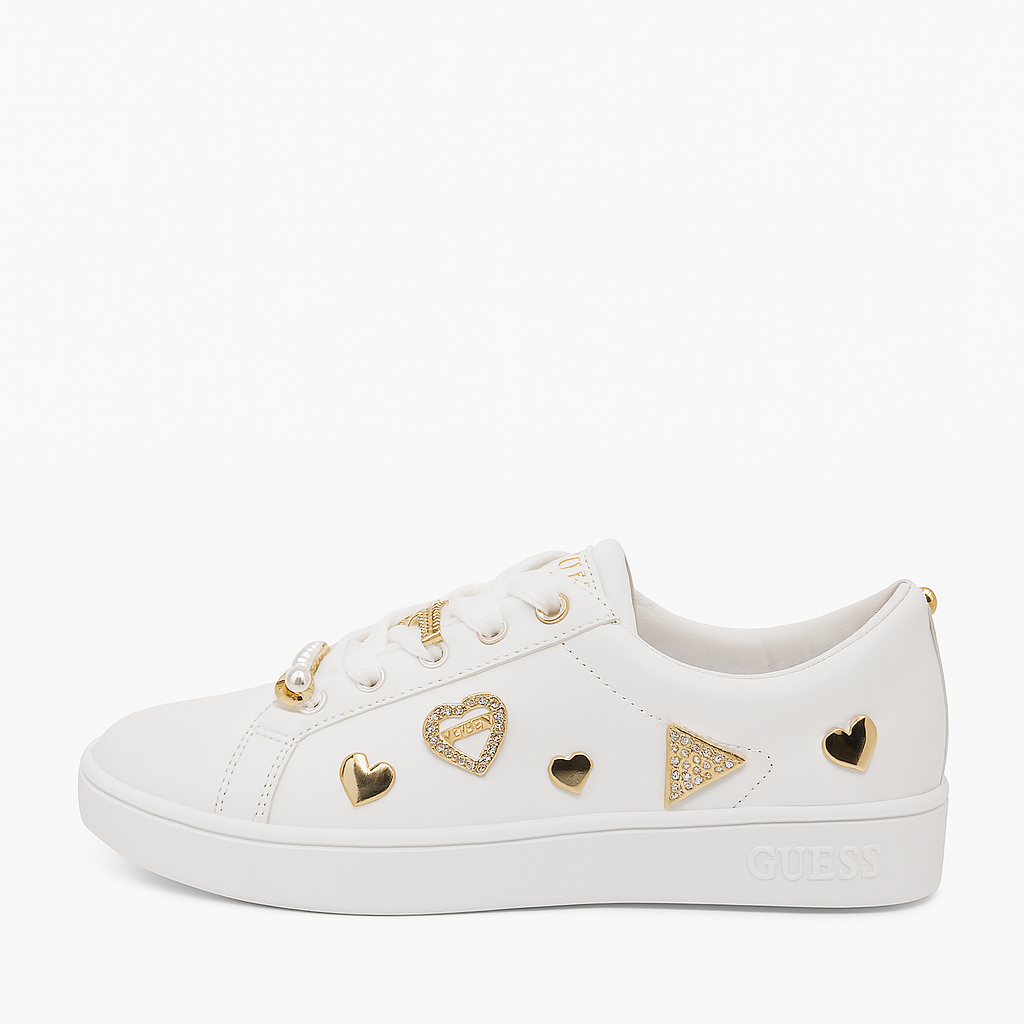 GUESS Women's White Embellished Sneakers with Gold & Pearl