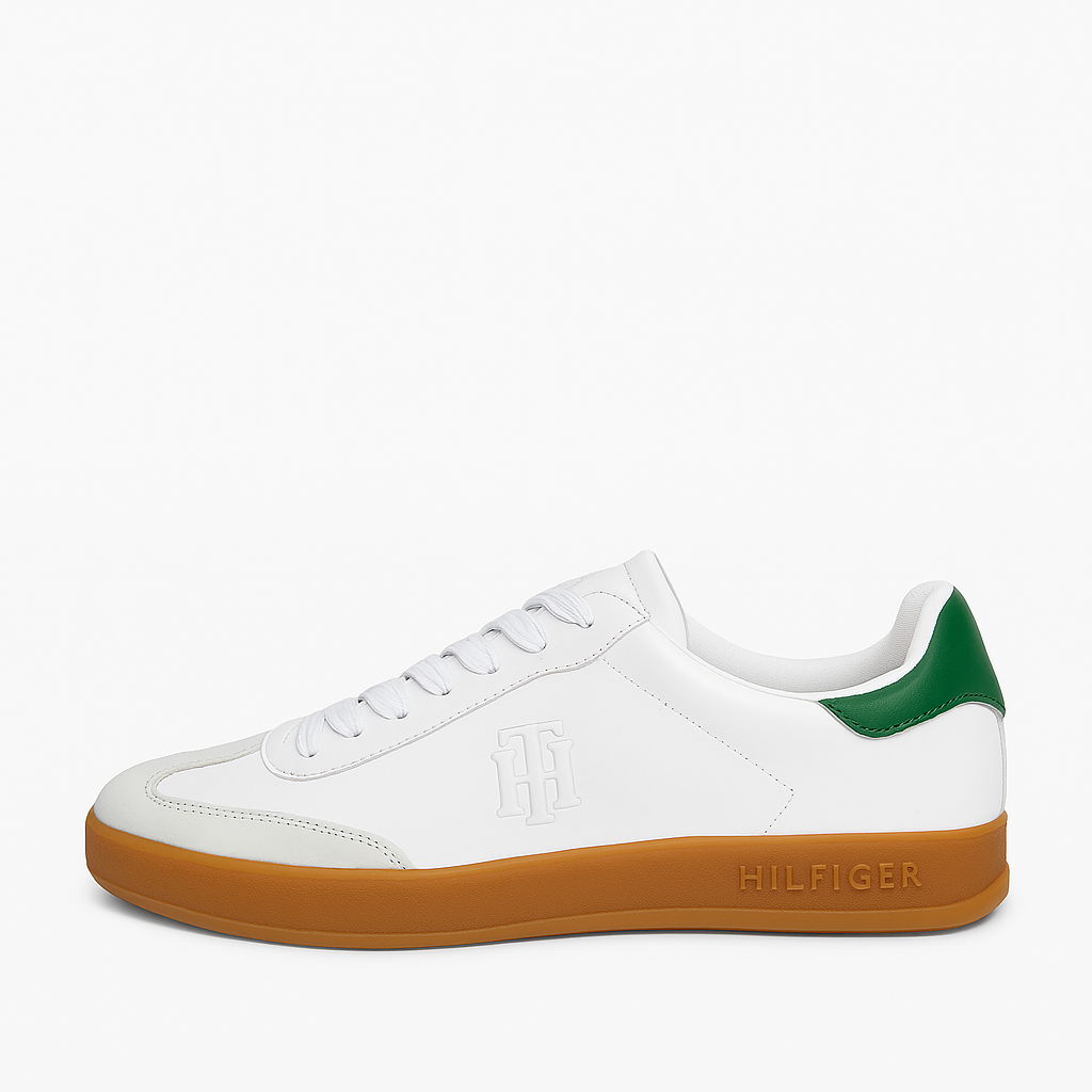 Tommy Hilfiger Women's White Leather Sneakers with Green Heel & Gum Sole