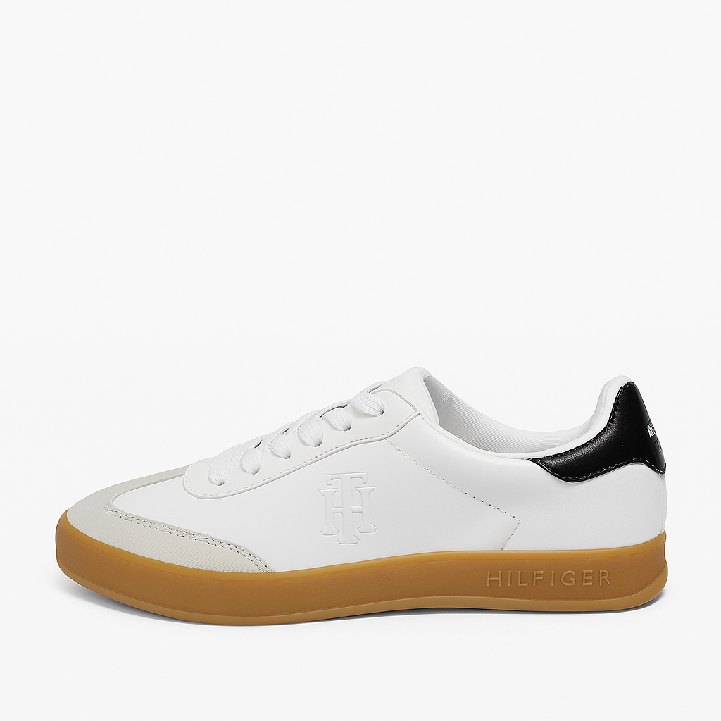 Tommy Hilfiger Women’s White Leather Sneakers with Black Heel Tab and Gum Sole