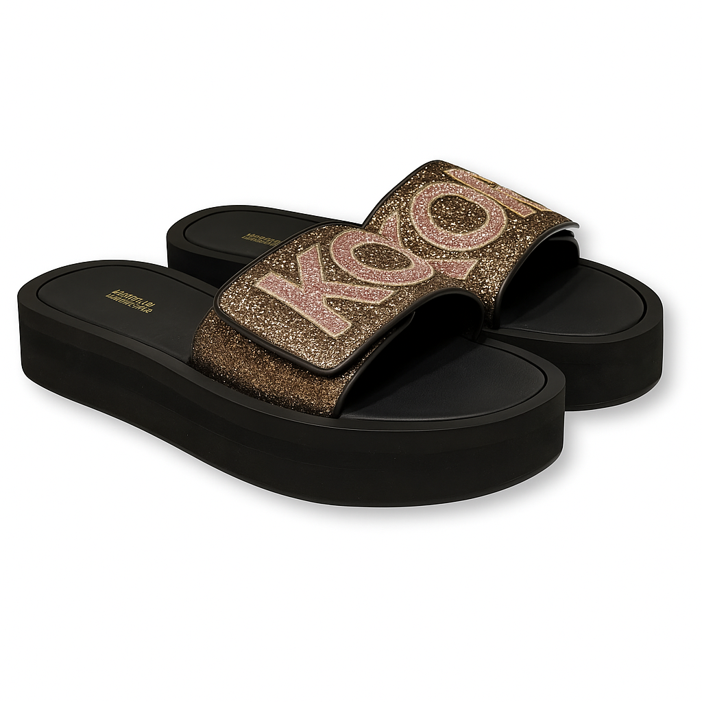 Michael Kors Women's Glitter Slide Sandals – Black & Pink Platform Slippers