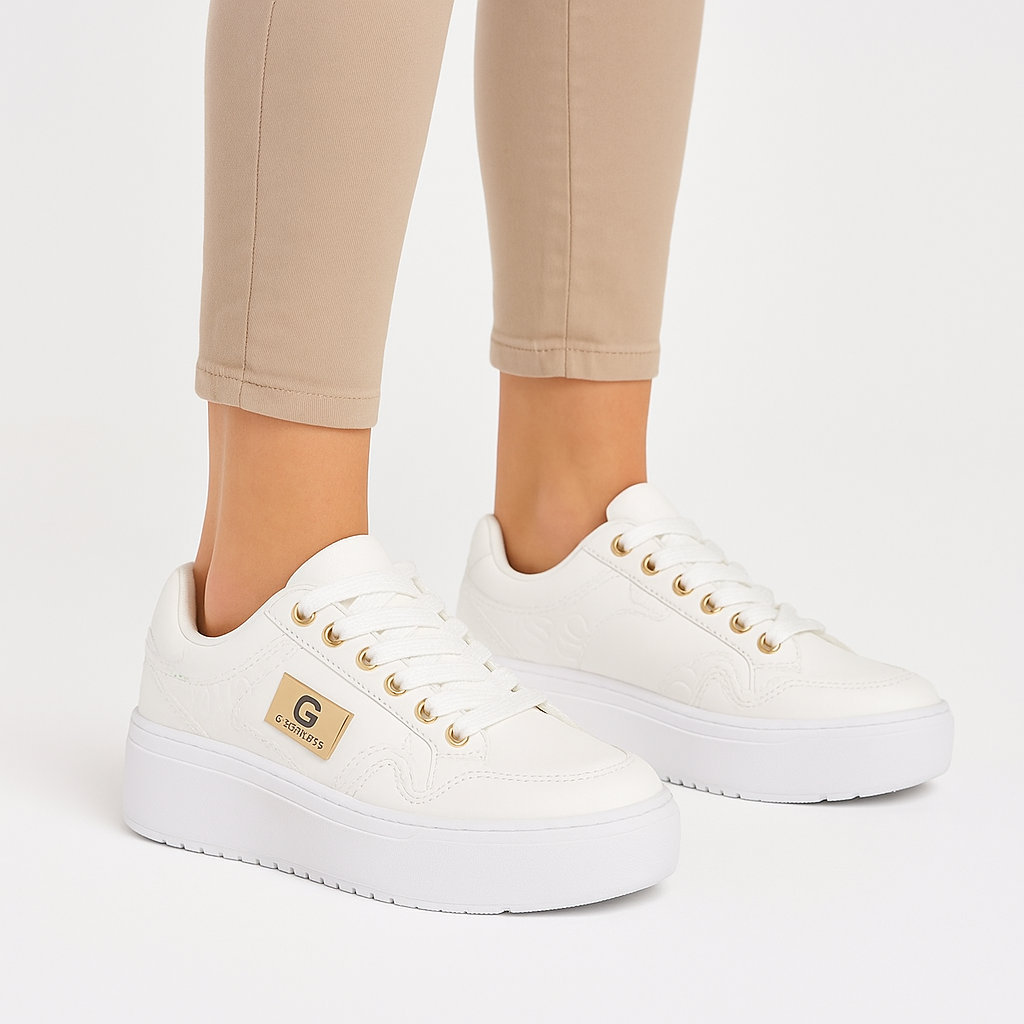 GBG Los Angeles Women’s White Platform Sneakers with Gold Logo