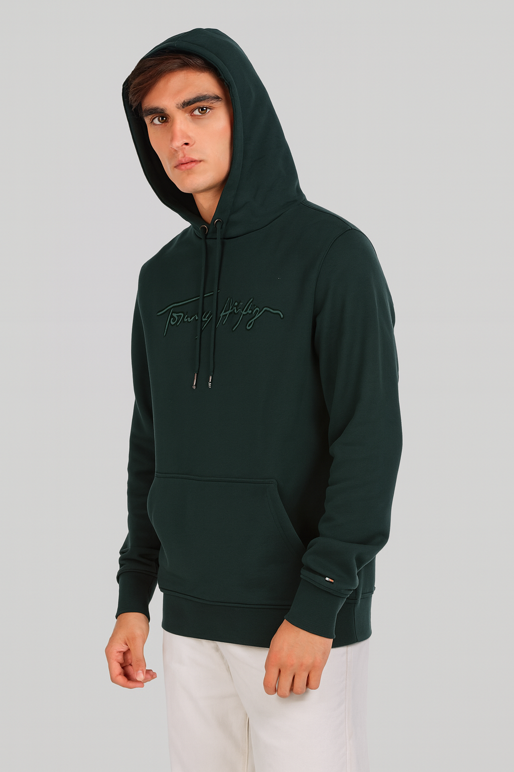 Tommy Hilfiger Men’s Green Hoodie with Embroidered Signature Logo