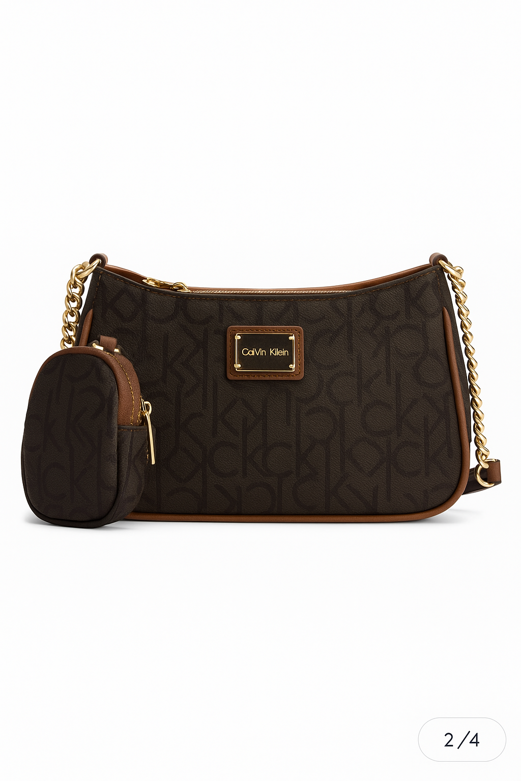 Calvin Klein Women’s Monogram Mini Shoulder Bag with Gold Chain & Pouch