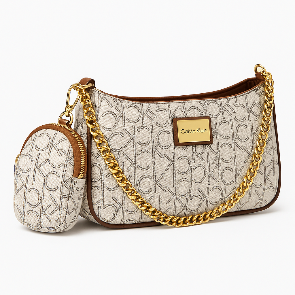 Calvin Klein Monogram Chain Shoulder Bag with Pouch – Ivory / Gold