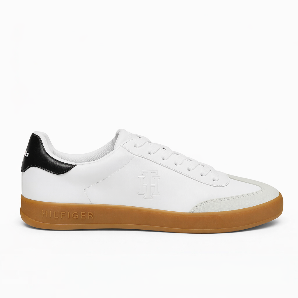 Tommy Hilfiger Women’s White Leather Sneakers with Black Heel Tab and Gum Sole