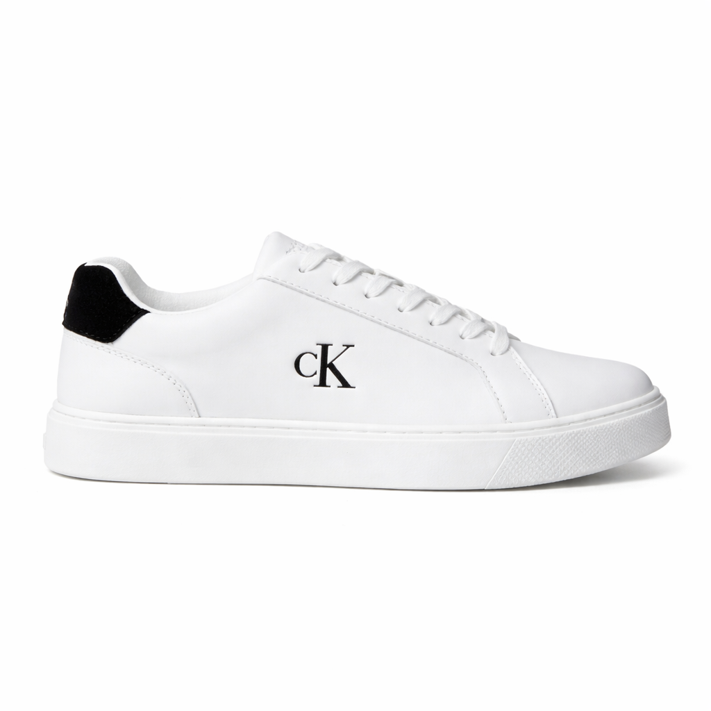This is a pair of Calvin Klein Jeans Classic Cupsole low-top leather sneakers in white with a black