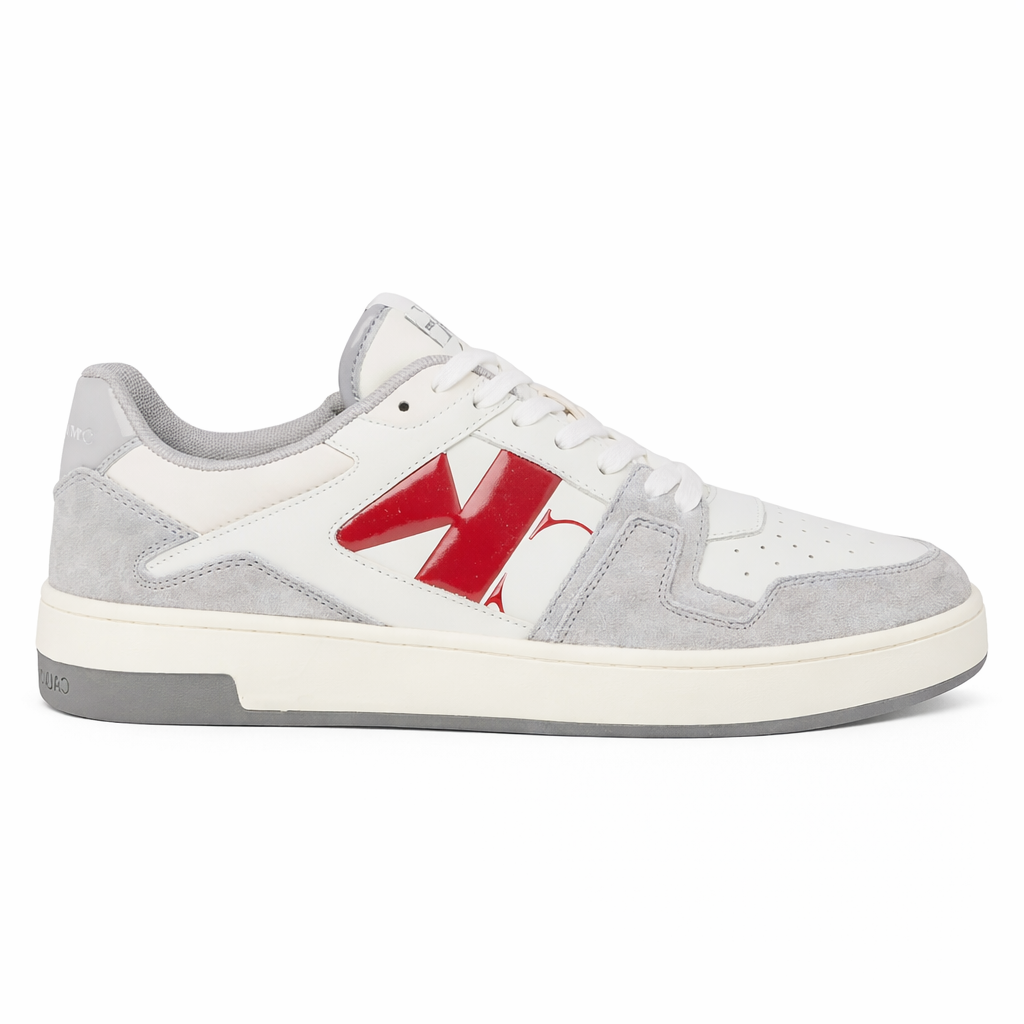 This is a pair of Calvin Klein Jeans Basket Cupsole Low sneakers in white and grey suede with red logo detail.