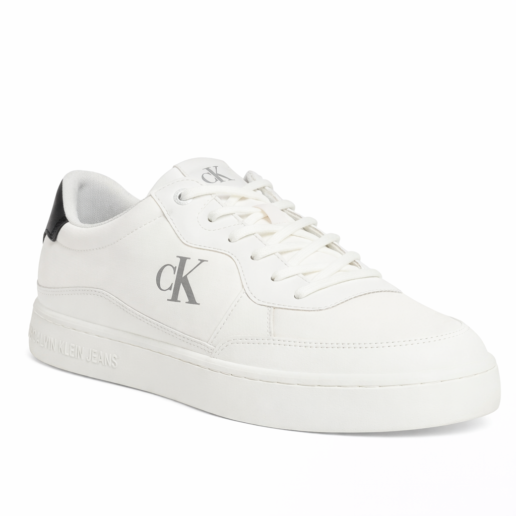 This is a pair of Calvin Klein Jeans Classic Cupsole Tech Ripstop men's sneakers in white with a black heel tab.
