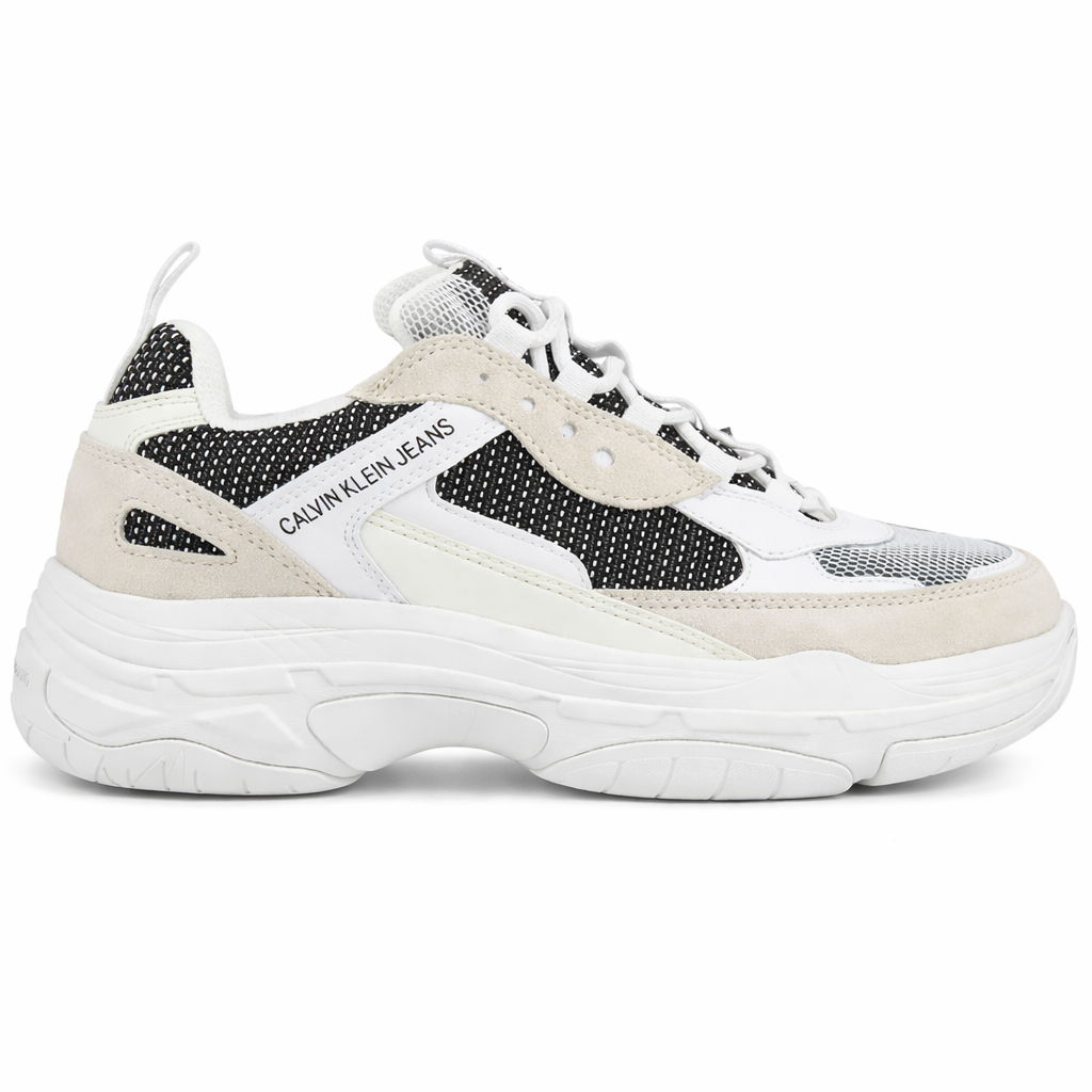 Calvin Klein Jeans Men's Marvin chunky sneakers in white and black suede.