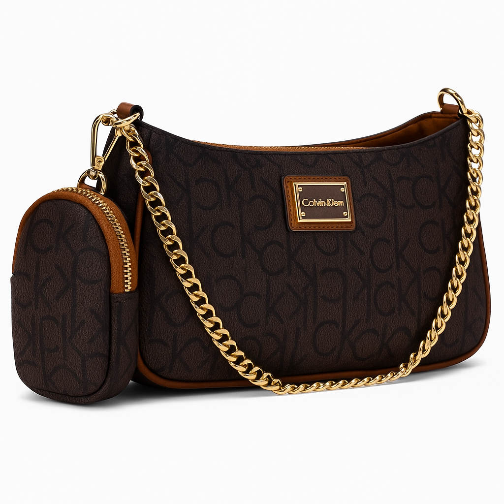 Calvin Klein Women’s Monogram Mini Shoulder Bag with Gold Chain & Pouch