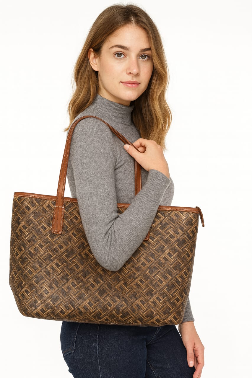 Brown Monogram Tote Bag with Tan Shoulder Straps