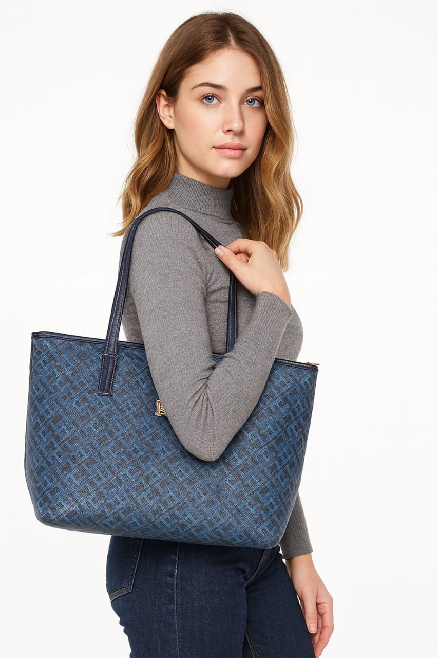 Blue Monogram Tote Bag with Shoulder Straps
