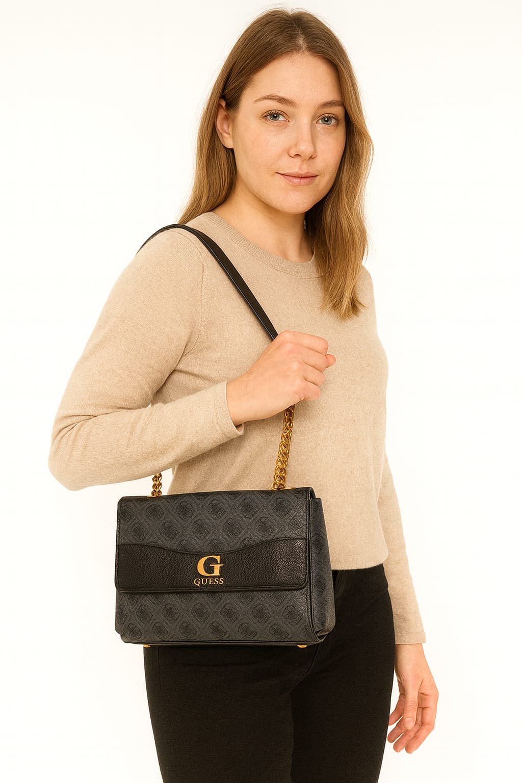 Guess Black Monogram Crossbody Bag with Chain Strap