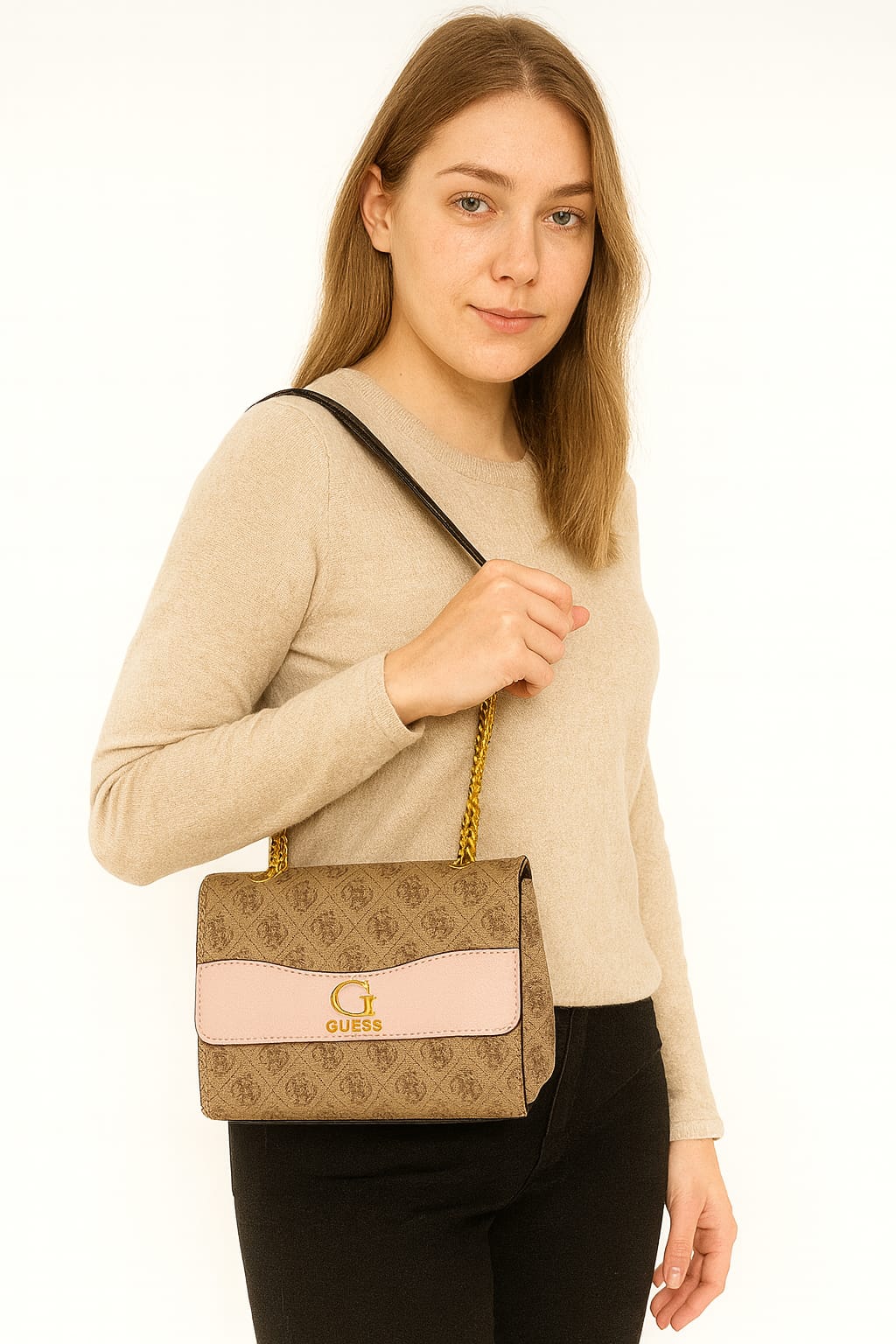 Guess Monogram Crossbody Bag with Pink Flap Accent