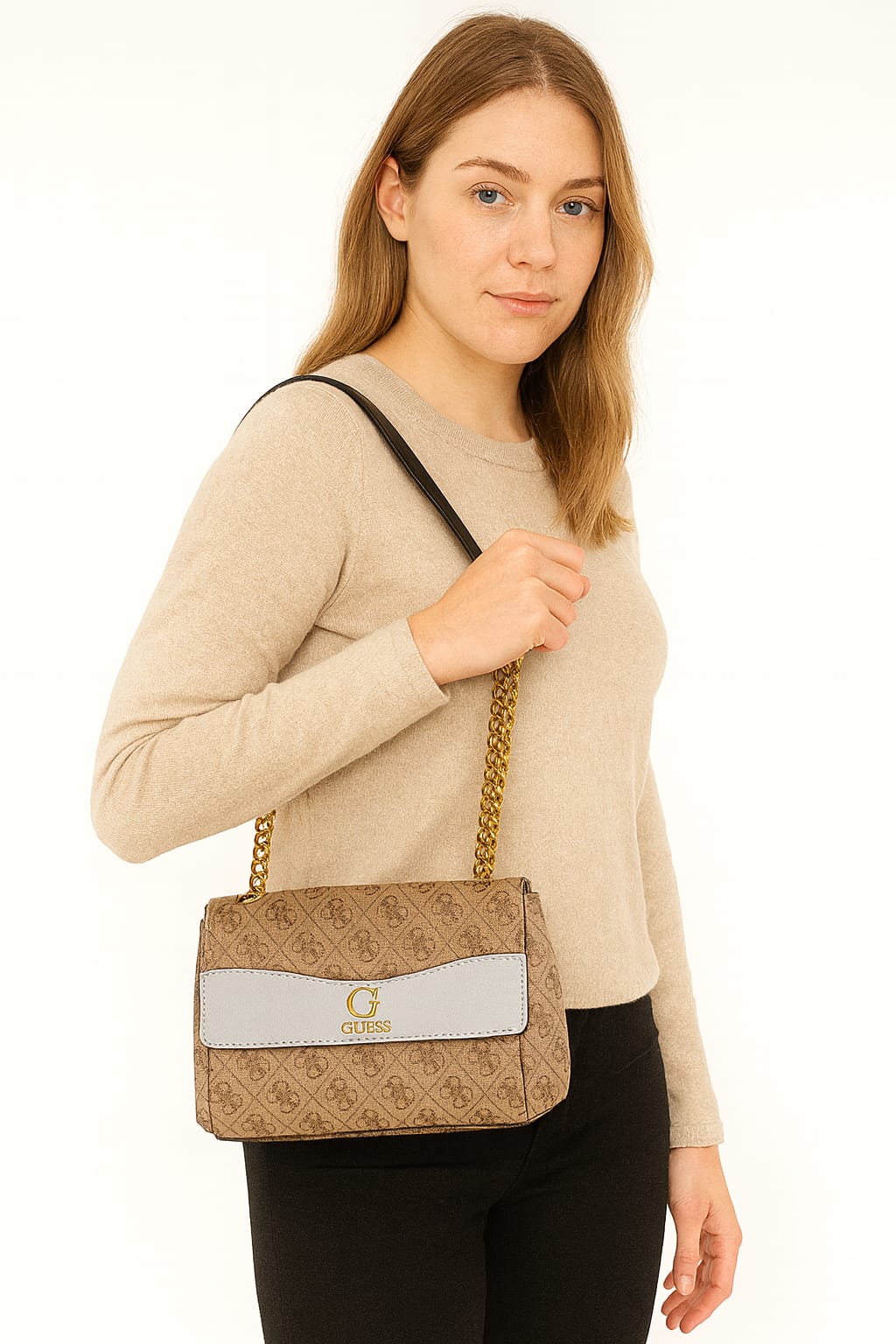 Guess Brown Monogram Crossbody Bag with Chain Strap