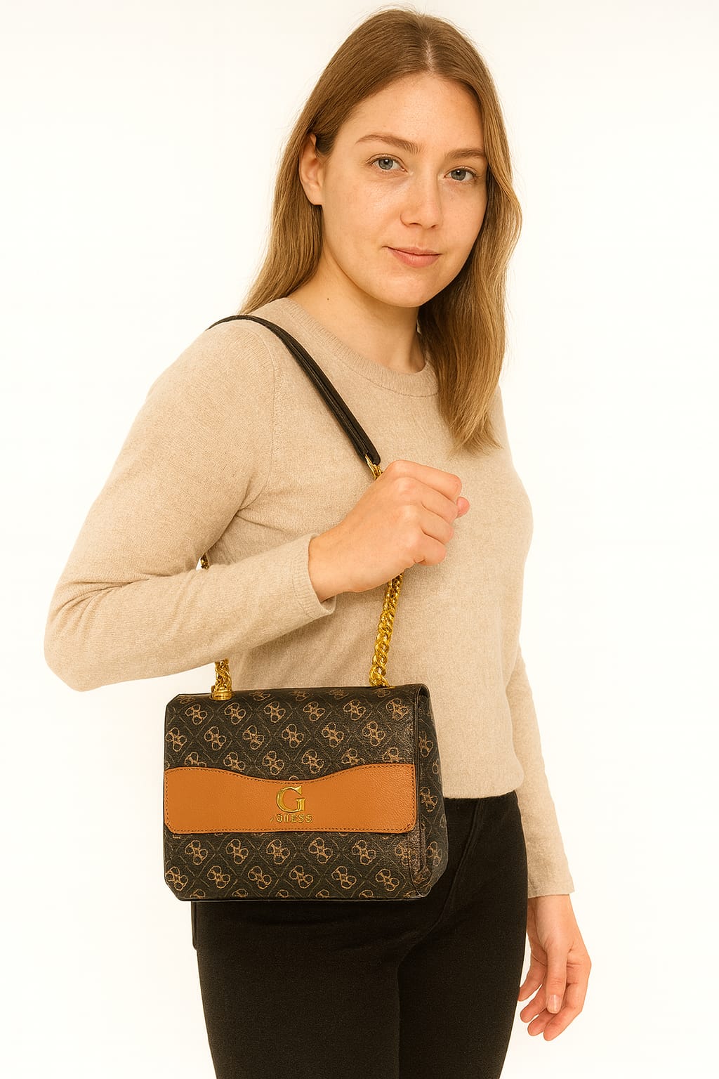 Guess Monogram Crossbody Bag with Tan Flap Accent
