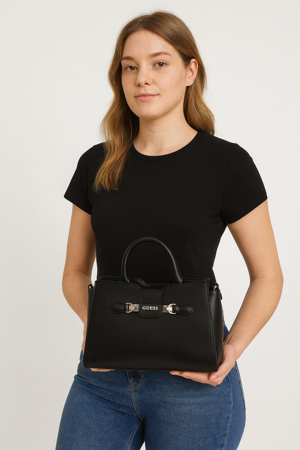 Guess Black Structured Handbag with Top Handles