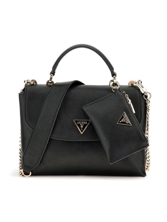 Guess Women’s Structured Handbag with Chain Strap and Matching Pouch – Black