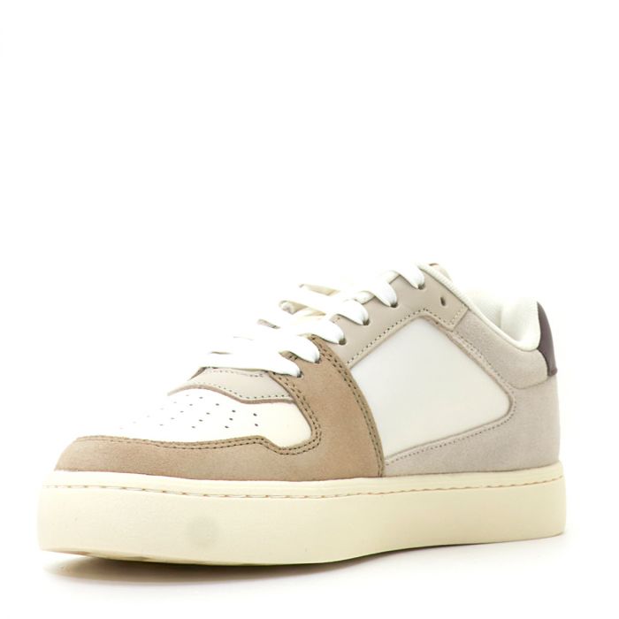 Calvin Klein Jeans Classic Cupsole NBS sneakers in a beige and grey colorway with burgundy details.