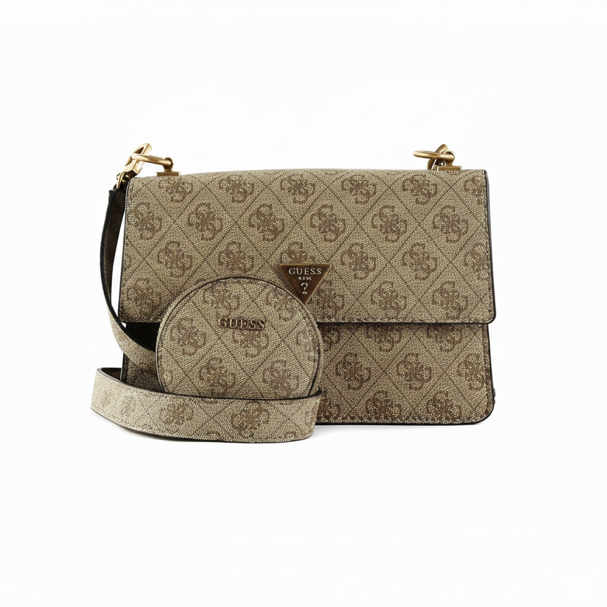 Guess Alexie Crossbody Flap bag in a brown monogram pattern with gold-tone hardware.