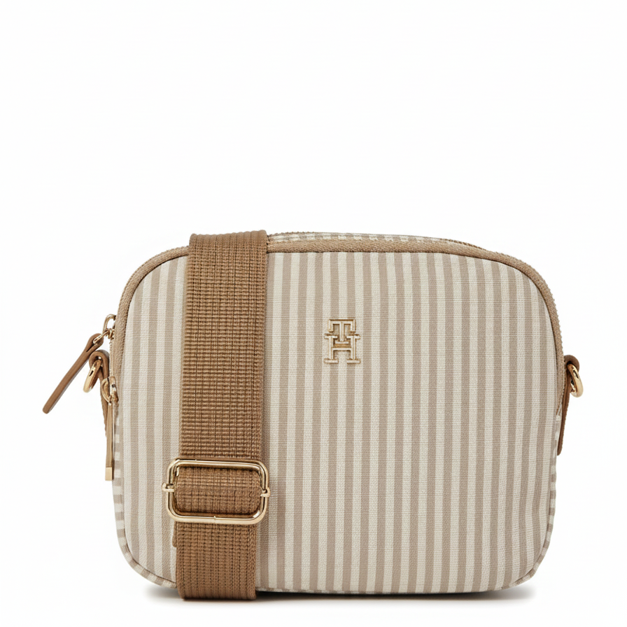 Tommy Hilfiger Poppy Summer Camera Bag in a striped design with a beige and off-white color scheme.