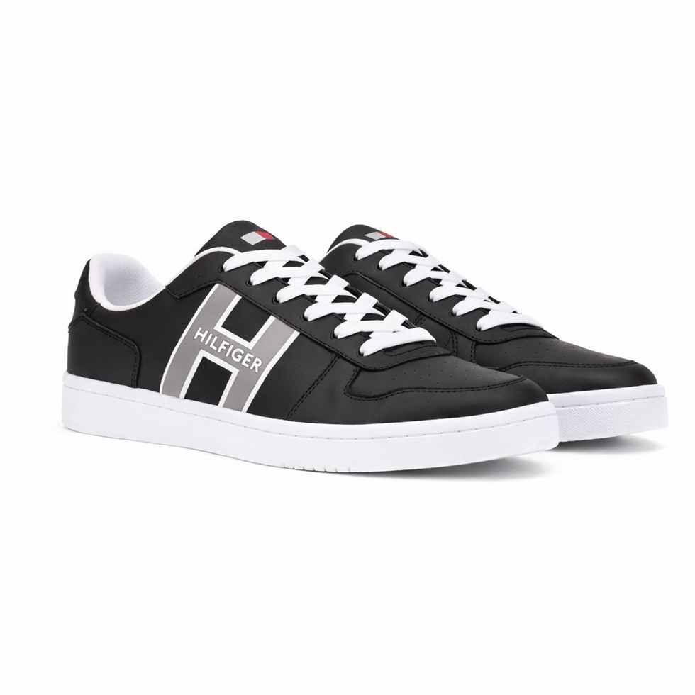 Tommy Hilfiger Men’s Black Leather Sneakers with Silver “H” Logo