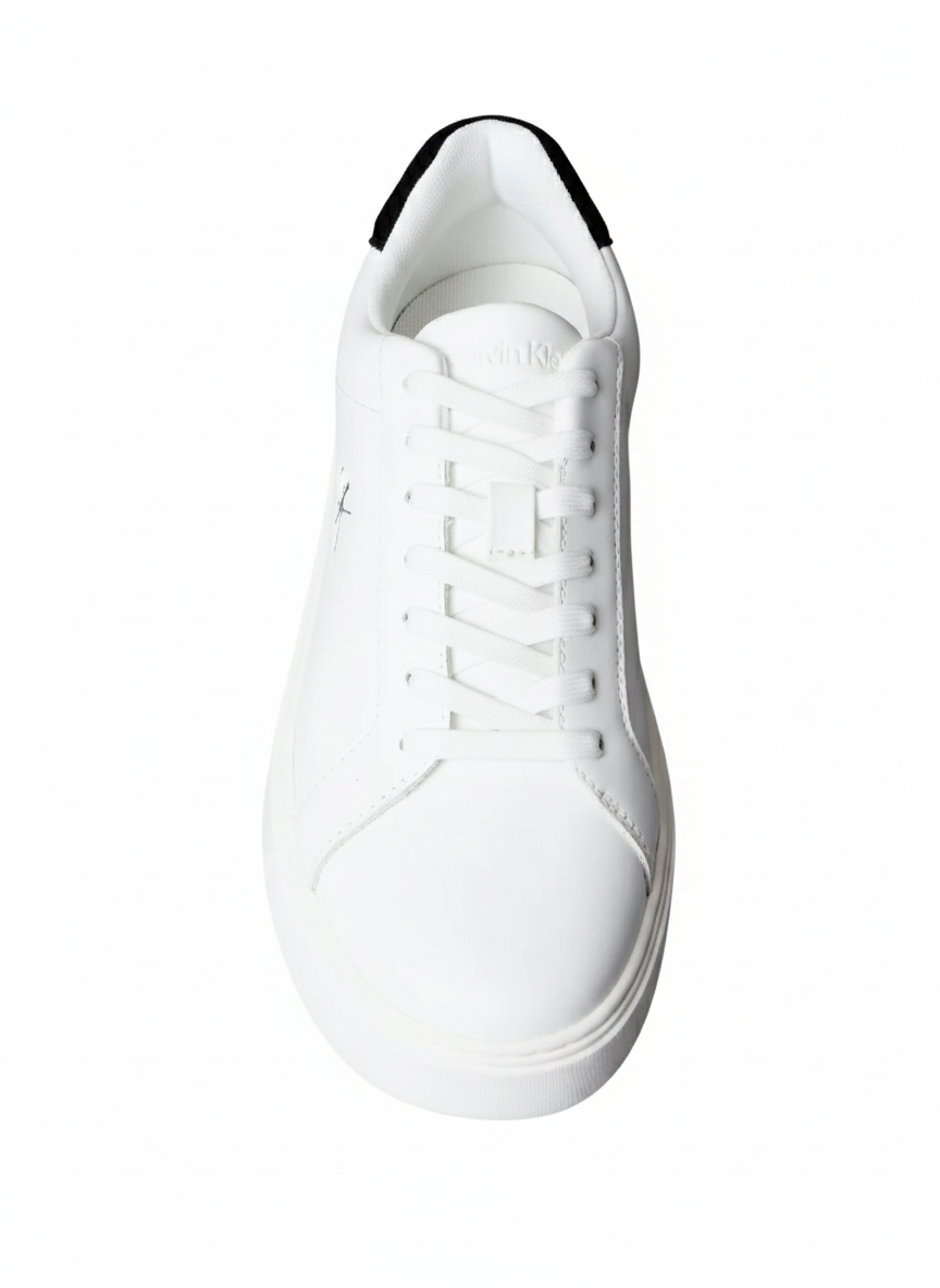 This is a pair of Calvin Klein Jeans Classic Cupsole low-top leather sneakers in white with a black