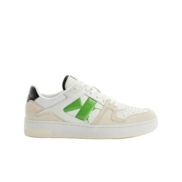 This is a pair of Calvin Klein low cupsole suede trainers in off white and green with a gum sole.