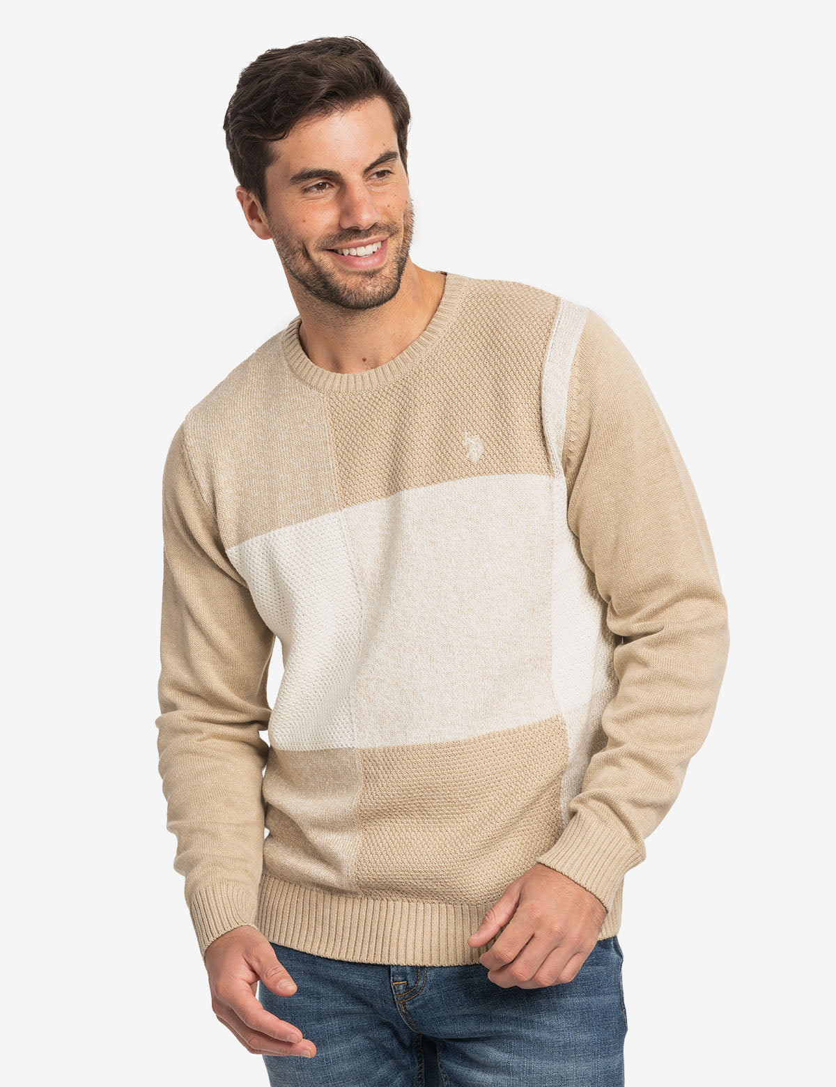 U.S. Polo Assn. Men’s Colorblock Knit Sweater – Beige & Cream