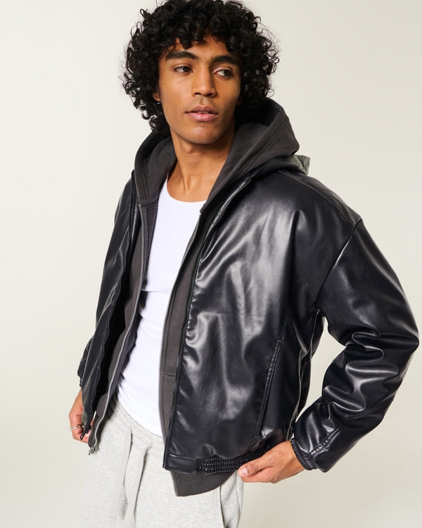 Hollister Black Faux Leather Hooded Jacket