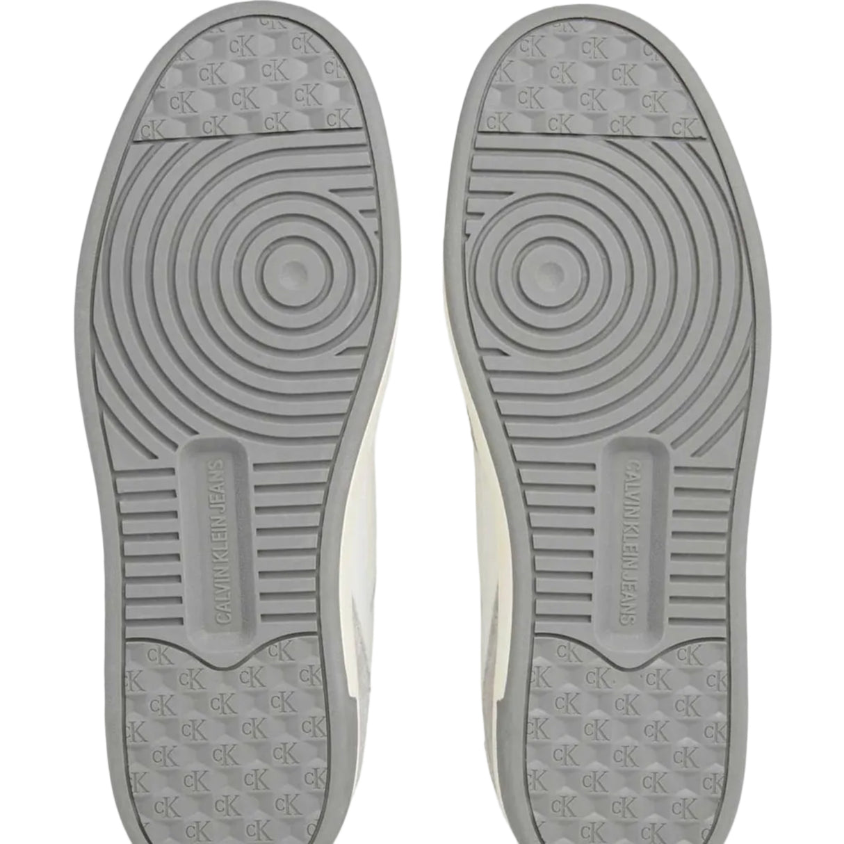 This is a pair of Calvin Klein Jeans Basket Cupsole Low sneakers in white and grey suede with red logo detail.