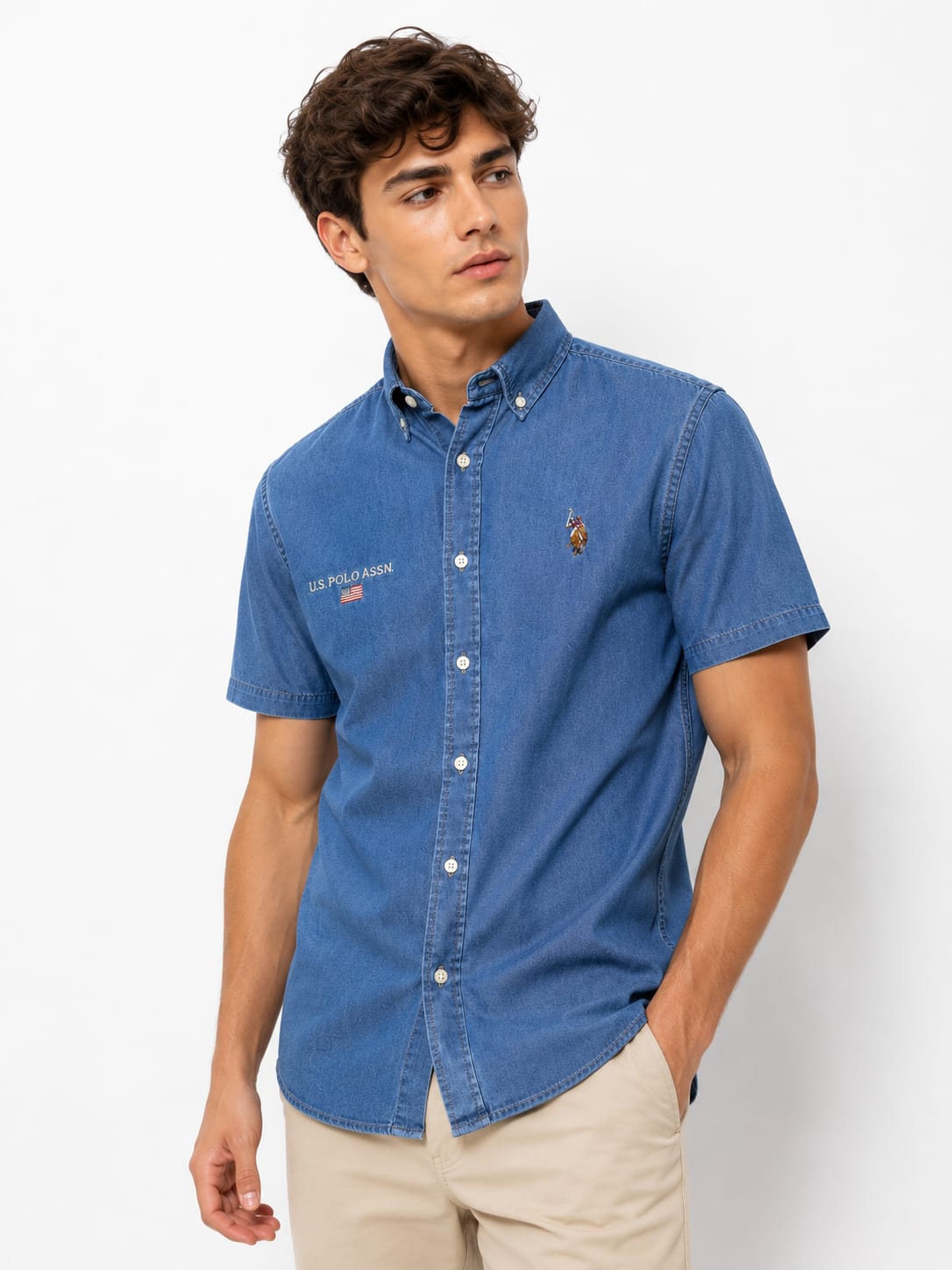 u.s polo Embroidered Denim Short Sleeve shirt