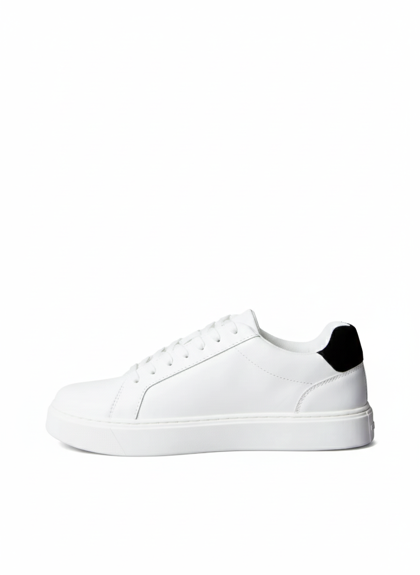 This is a pair of Calvin Klein Jeans Classic Cupsole low-top leather sneakers in white with a black