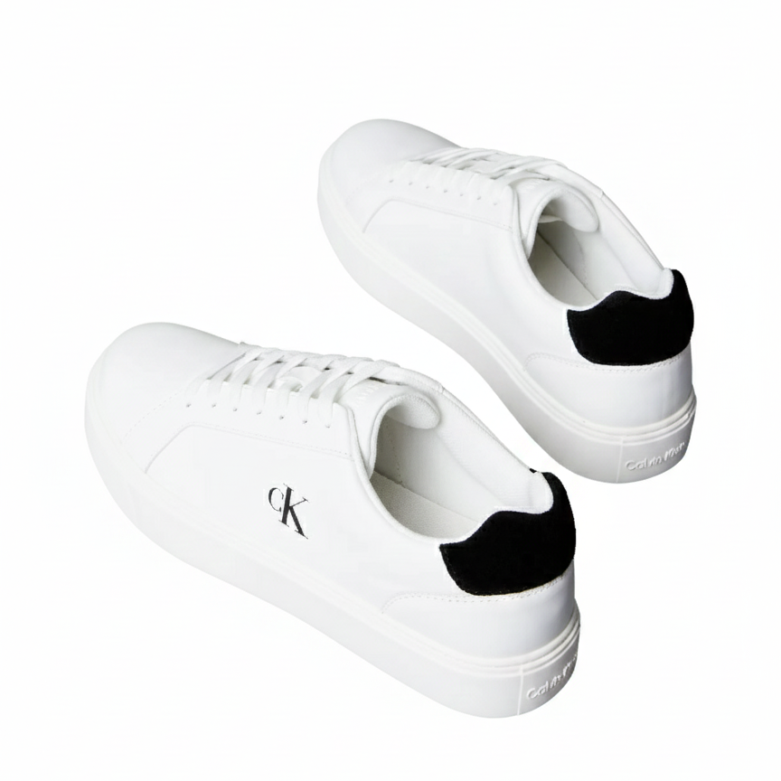 This is a pair of Calvin Klein Jeans Classic Cupsole low-top leather sneakers in white with a black