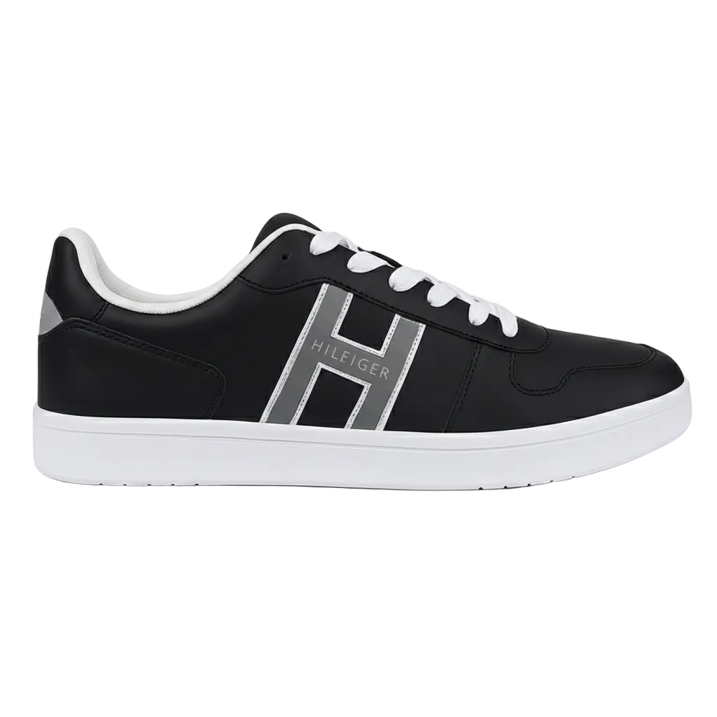 Tommy Hilfiger Men’s Black Leather Sneakers with Silver “H” Logo