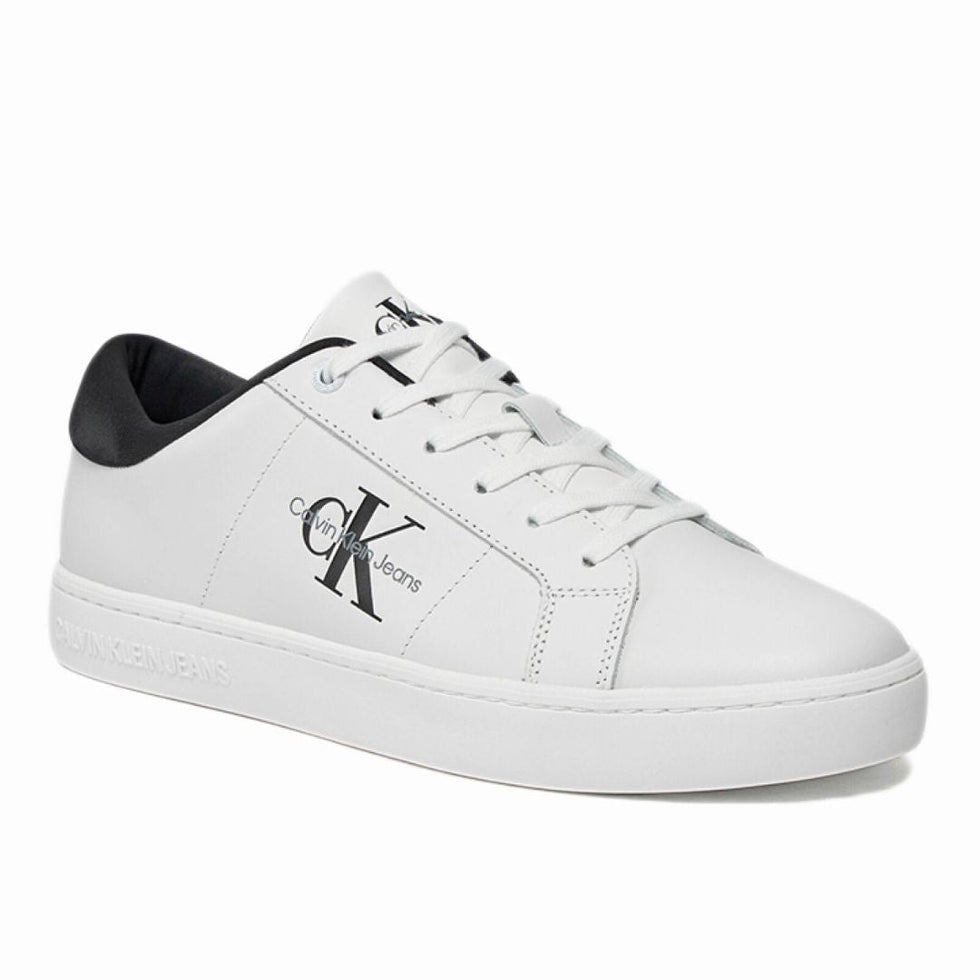Calvin Klein Jeans Classic Cupsole low-top leather sneakers in white and black.