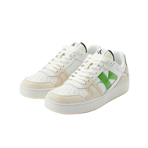 This is a pair of Calvin Klein low cupsole suede trainers in off white and green with a gum sole.
